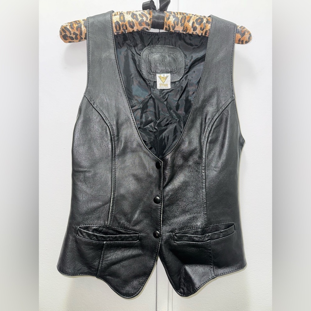 European Vintage Moto Leather Black Vest fits like a small